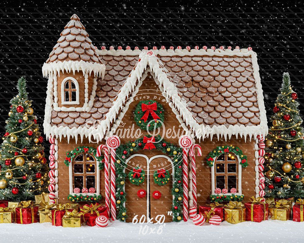 Gingerbread House Snow Christmas Backdrop - Layoris