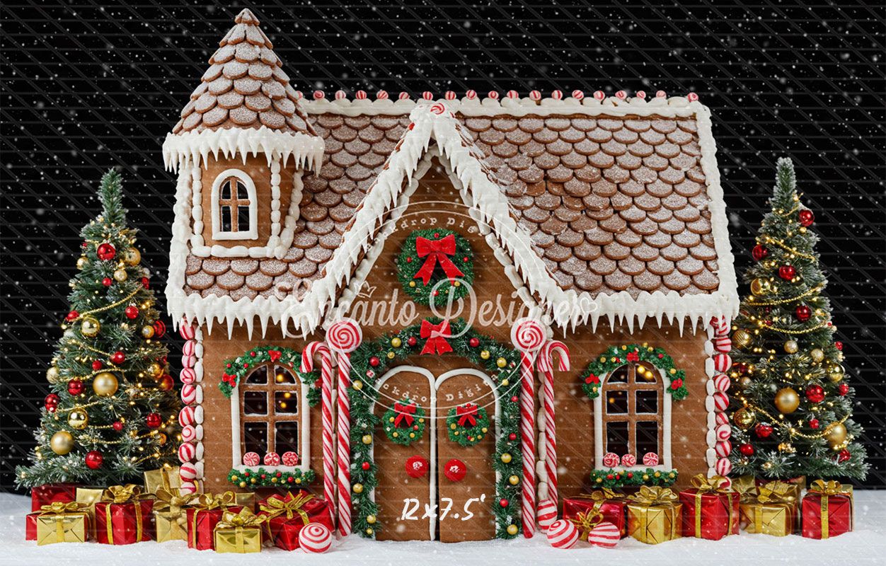 Gingerbread House Snow Christmas Backdrop - Layoris