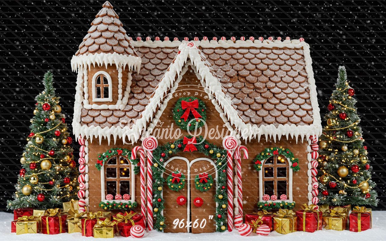 Gingerbread House Snow Christmas Backdrop - Layoris