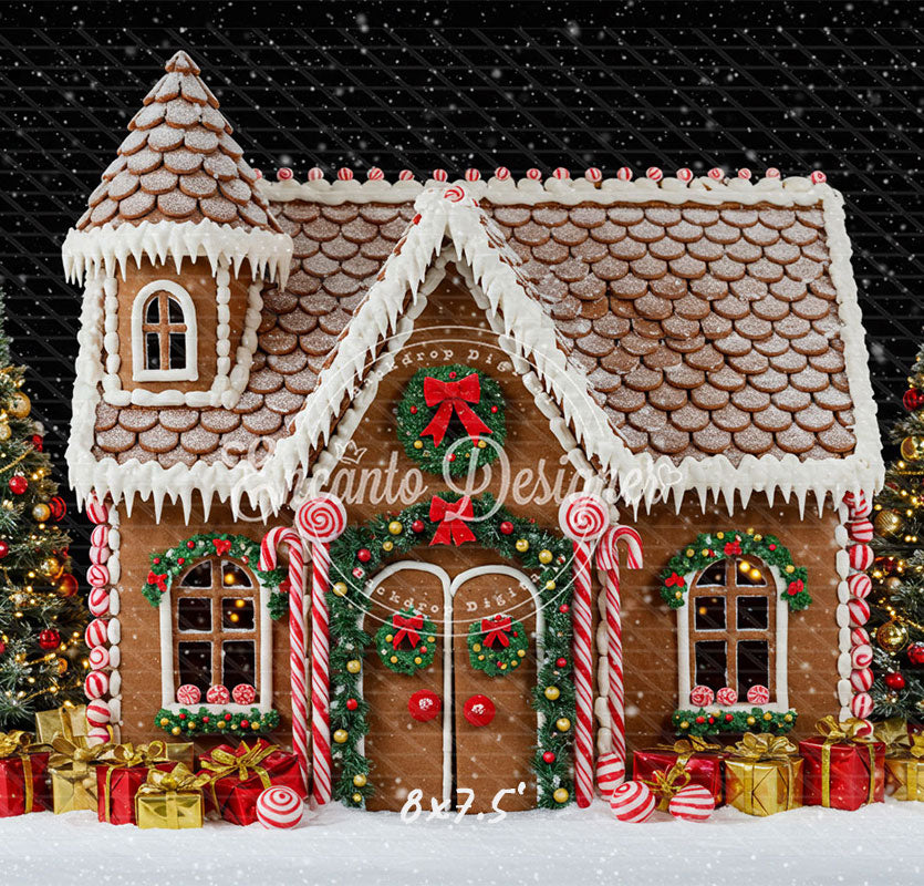 Gingerbread House Snow Christmas Backdrop - Layoris