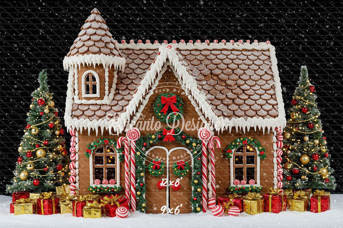 Gingerbread House Snow Christmas Backdrop - Layoris