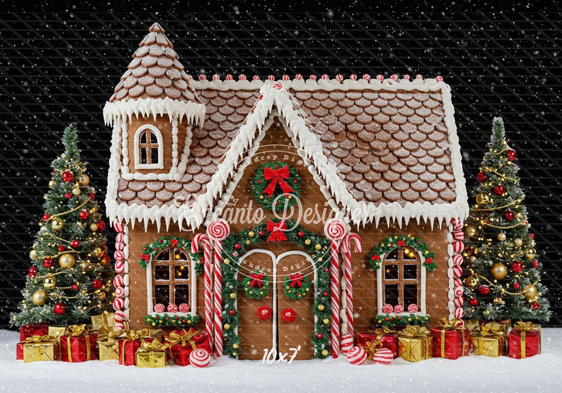 Gingerbread House Snow Christmas Backdrop - Layoris