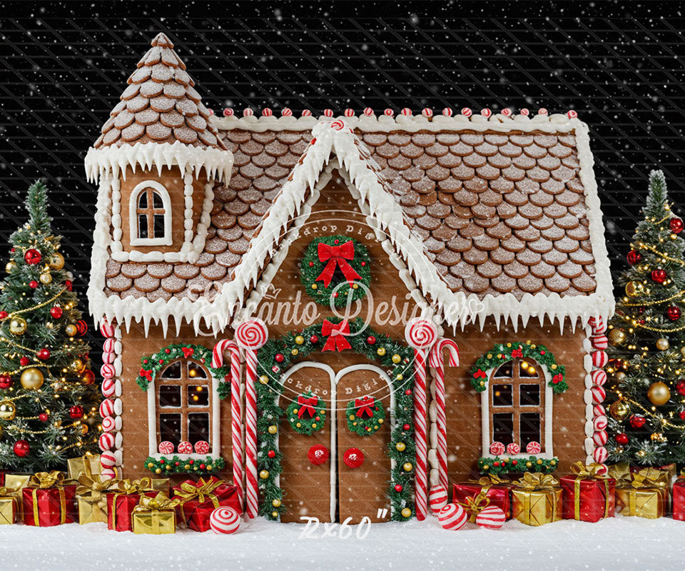 Gingerbread House Snow Christmas Backdrop - Layoris