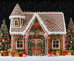 Gingerbread House Snow Christmas Backdrop - Layoris