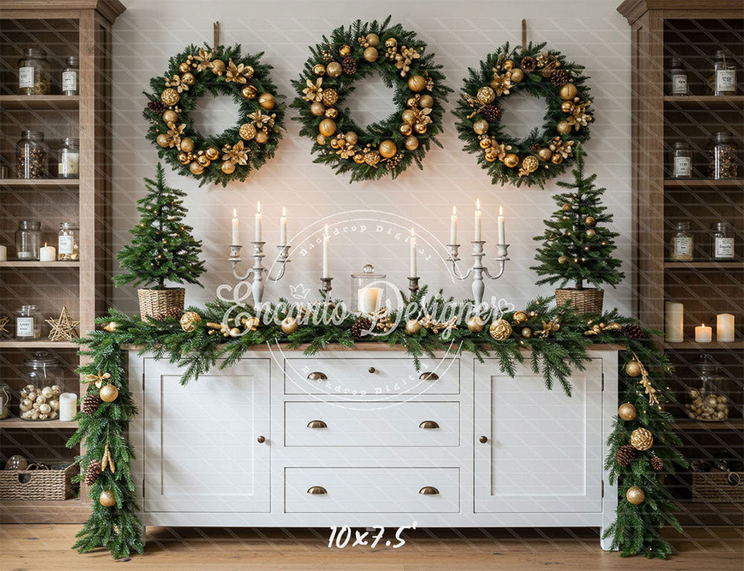 Golden Ball Wreath Candlestick Christmas Backdrop - Layoris