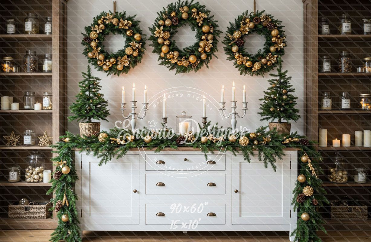Golden Ball Wreath Candlestick Christmas Backdrop - Layoris