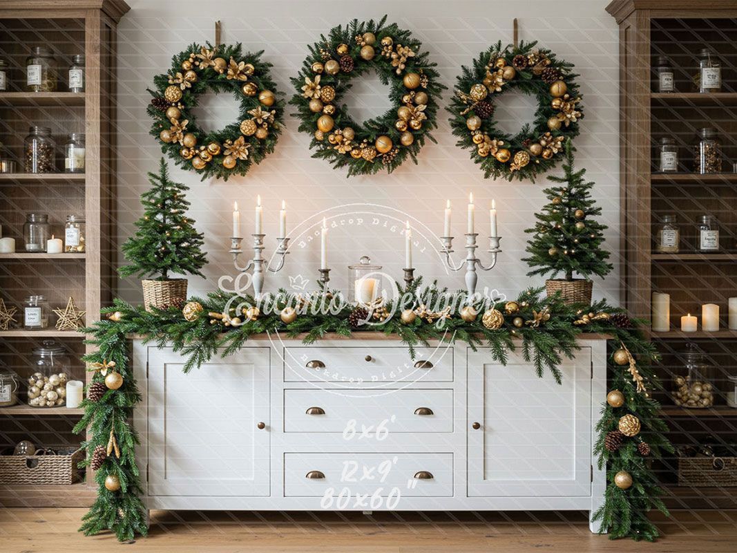 Golden Ball Wreath Candlestick Christmas Backdrop - Layoris