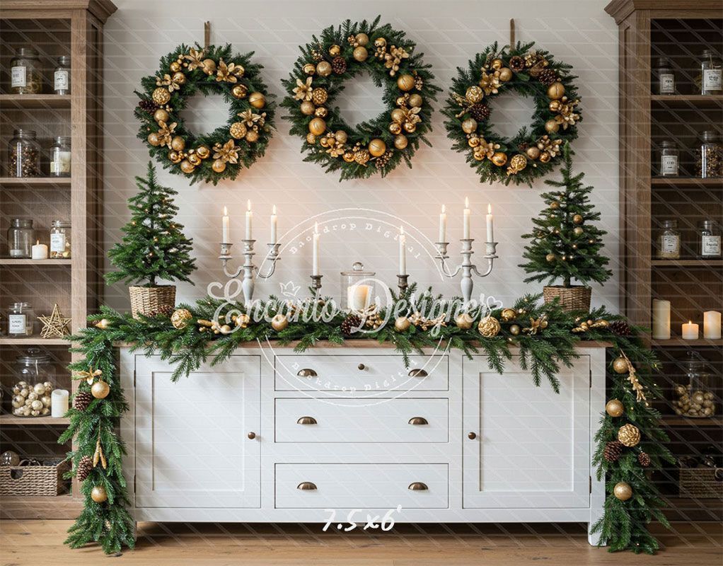 Golden Ball Wreath Candlestick Christmas Backdrop - Layoris