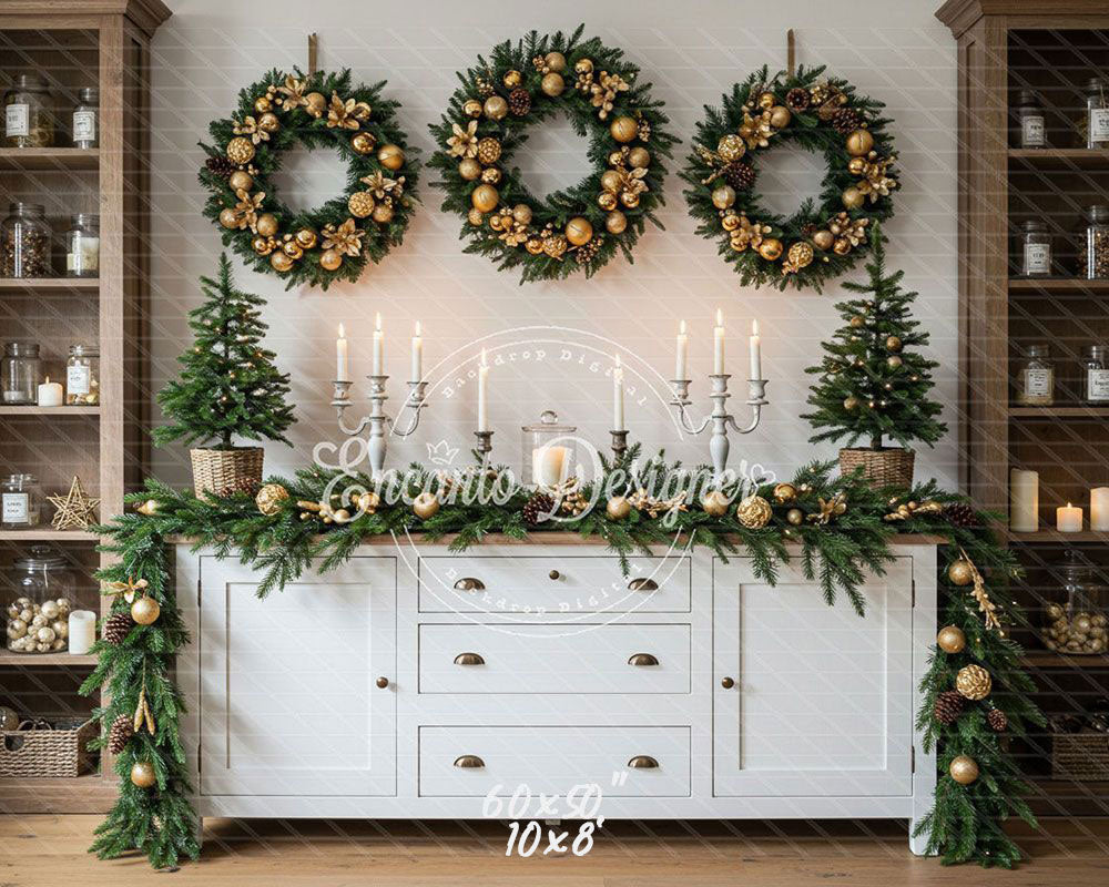 Golden Ball Wreath Candlestick Christmas Backdrop - Layoris