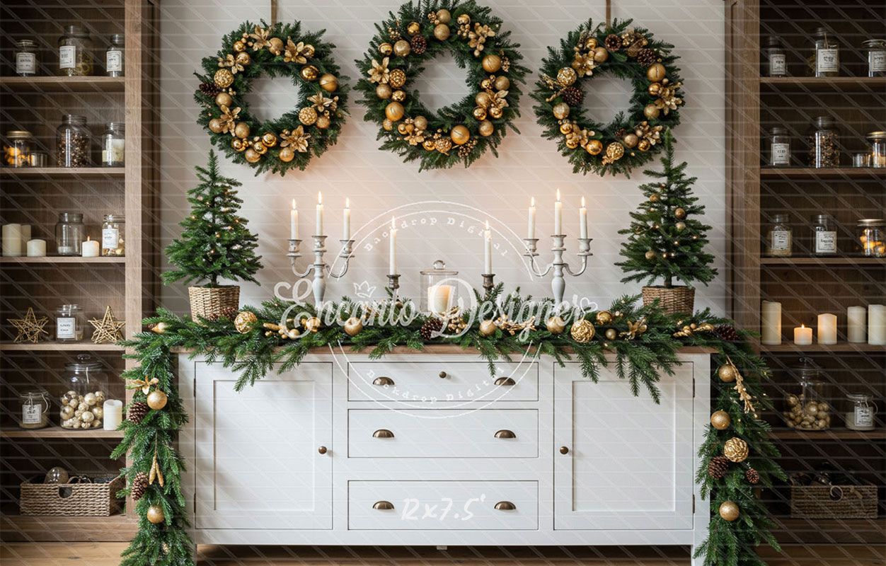 Golden Ball Wreath Candlestick Christmas Backdrop - Layoris