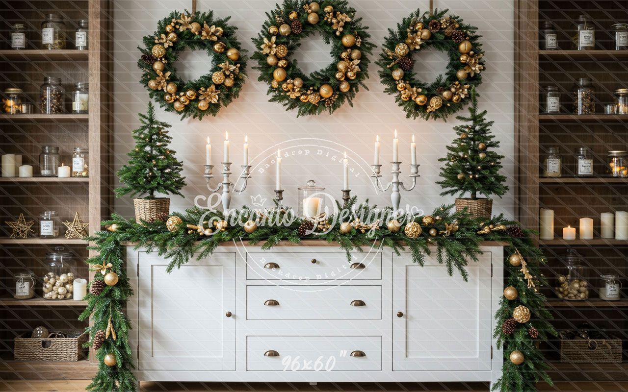 Golden Ball Wreath Candlestick Christmas Backdrop - Layoris