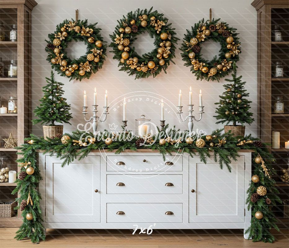 Golden Ball Wreath Candlestick Christmas Backdrop - Layoris
