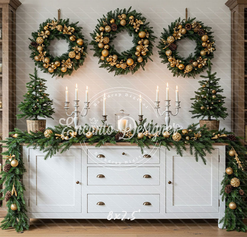 Golden Ball Wreath Candlestick Christmas Backdrop - Layoris