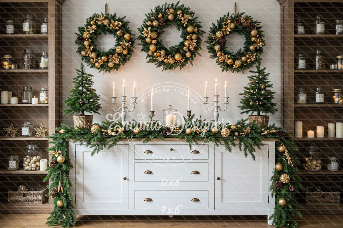 Golden Ball Wreath Candlestick Christmas Backdrop - Layoris