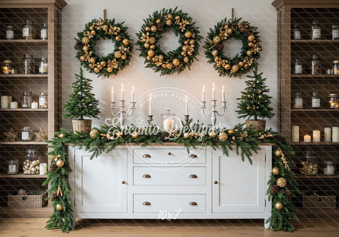 Golden Ball Wreath Candlestick Christmas Backdrop - Layoris