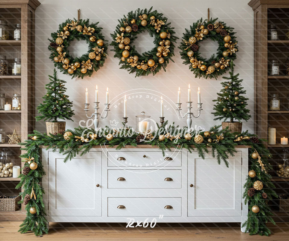 Golden Ball Wreath Candlestick Christmas Backdrop - Layoris