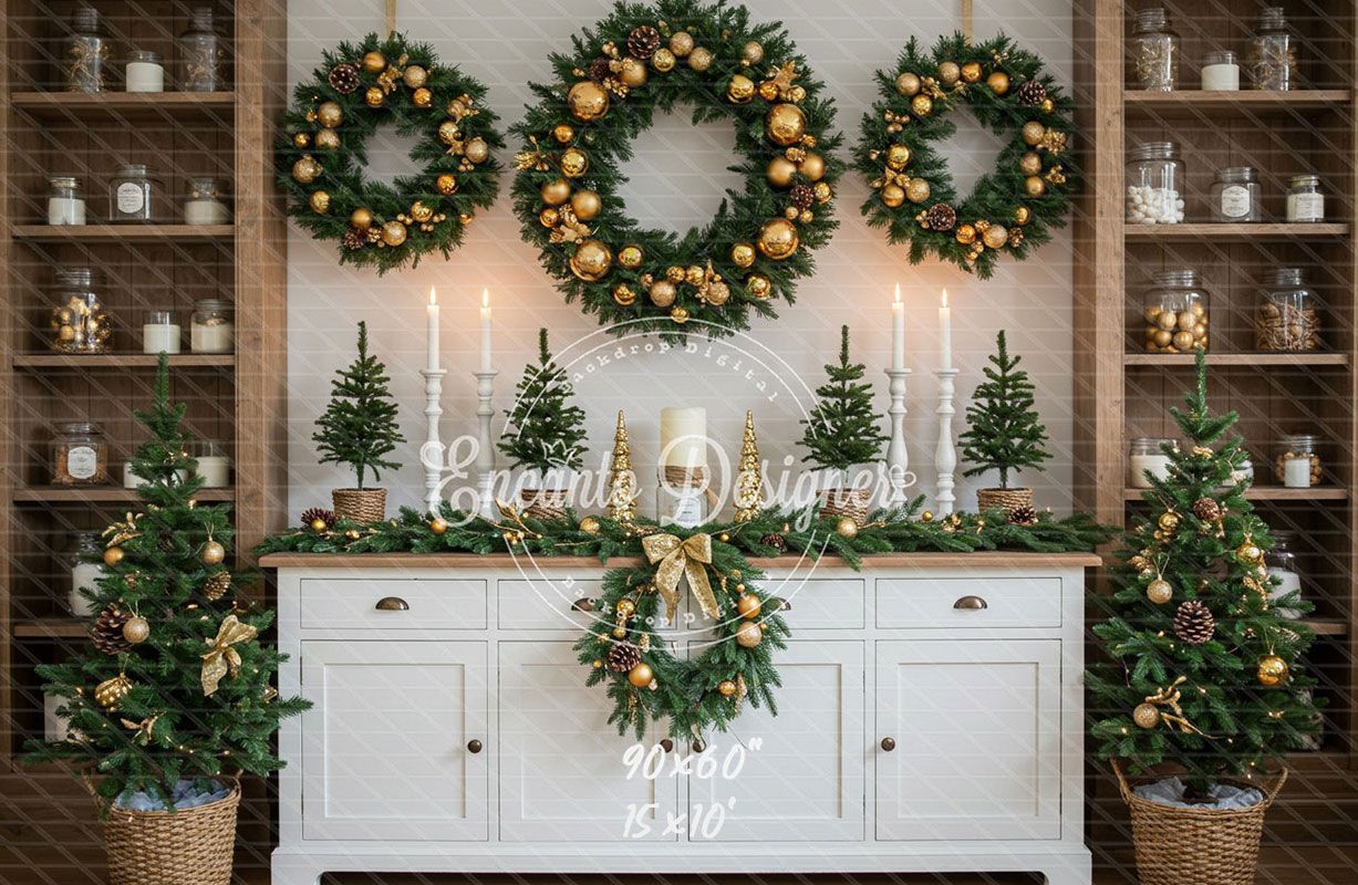 White Candlestick Wreath Christmas Backdrop - Layoris