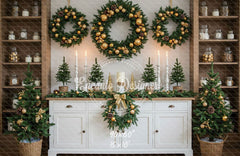 White Candlestick Wreath Christmas Backdrop - Layoris