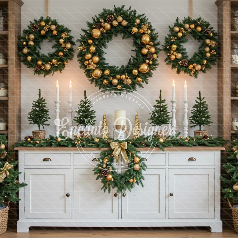White Candlestick Wreath Christmas Backdrop - Layoris