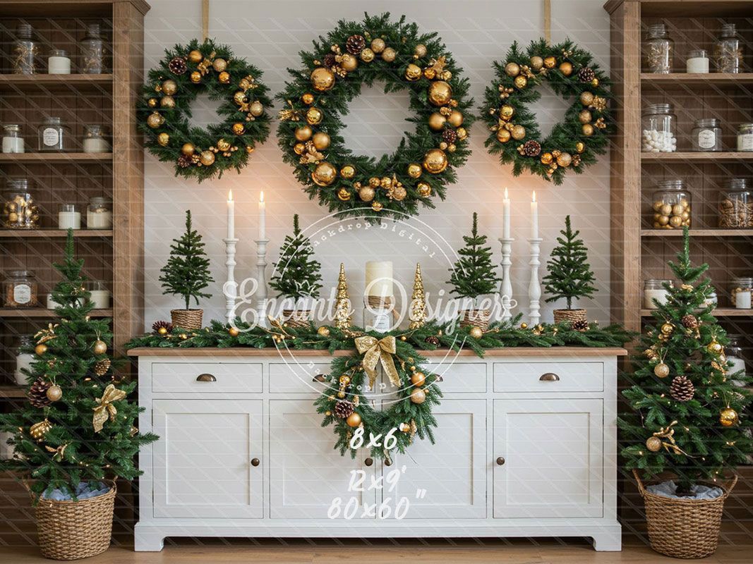 White Candlestick Wreath Christmas Backdrop - Layoris