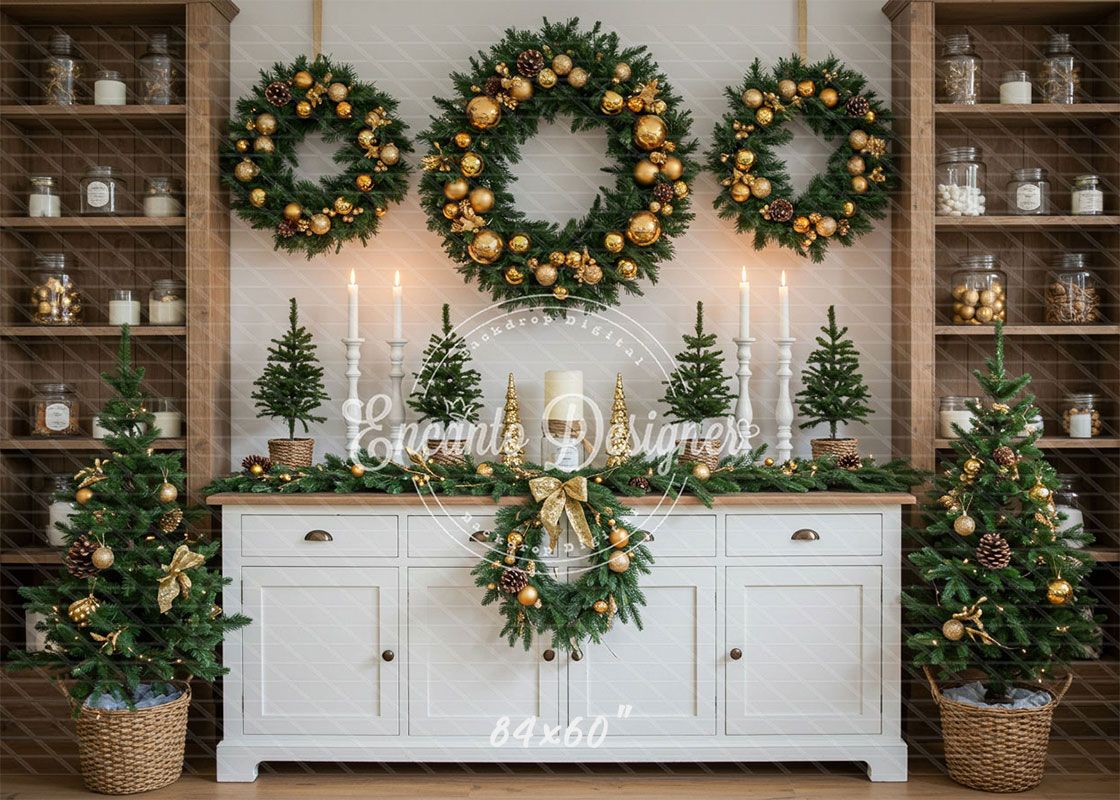 White Candlestick Wreath Christmas Backdrop - Layoris