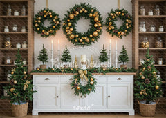White Candlestick Wreath Christmas Backdrop - Layoris