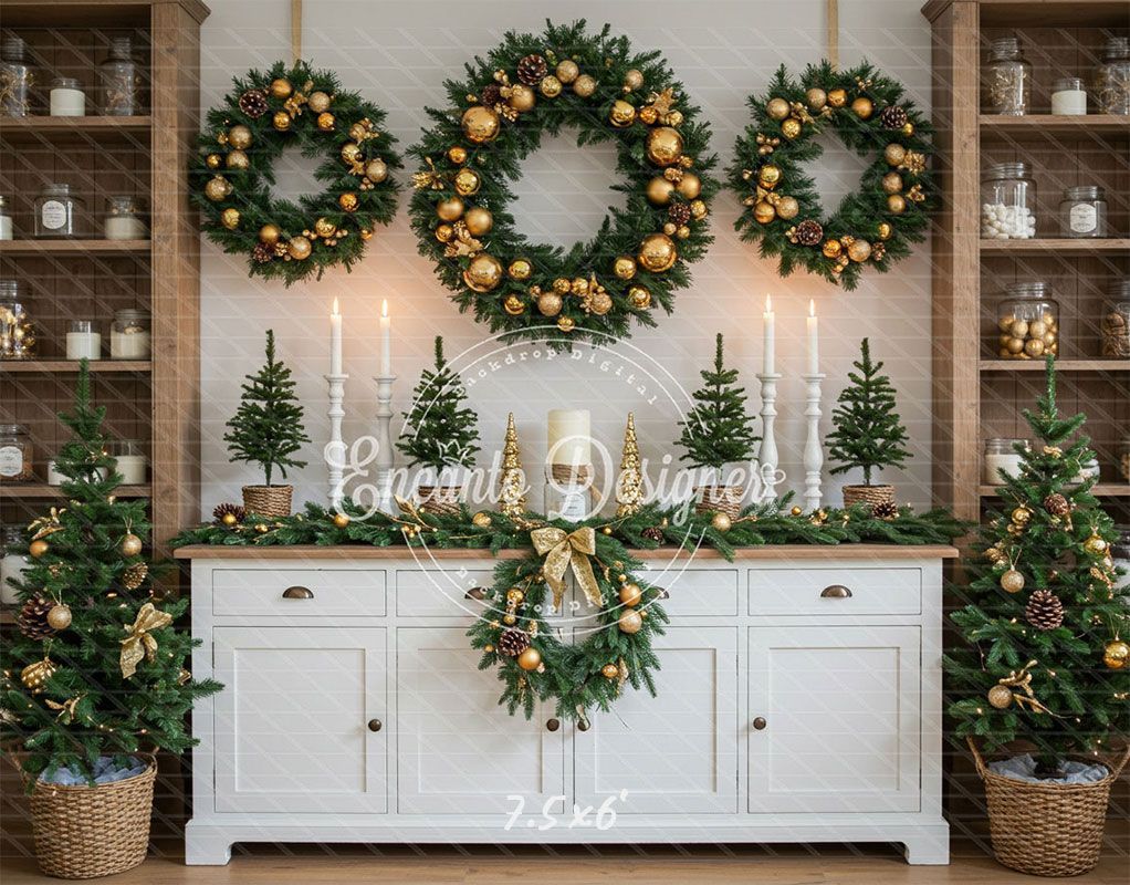 White Candlestick Wreath Christmas Backdrop - Layoris