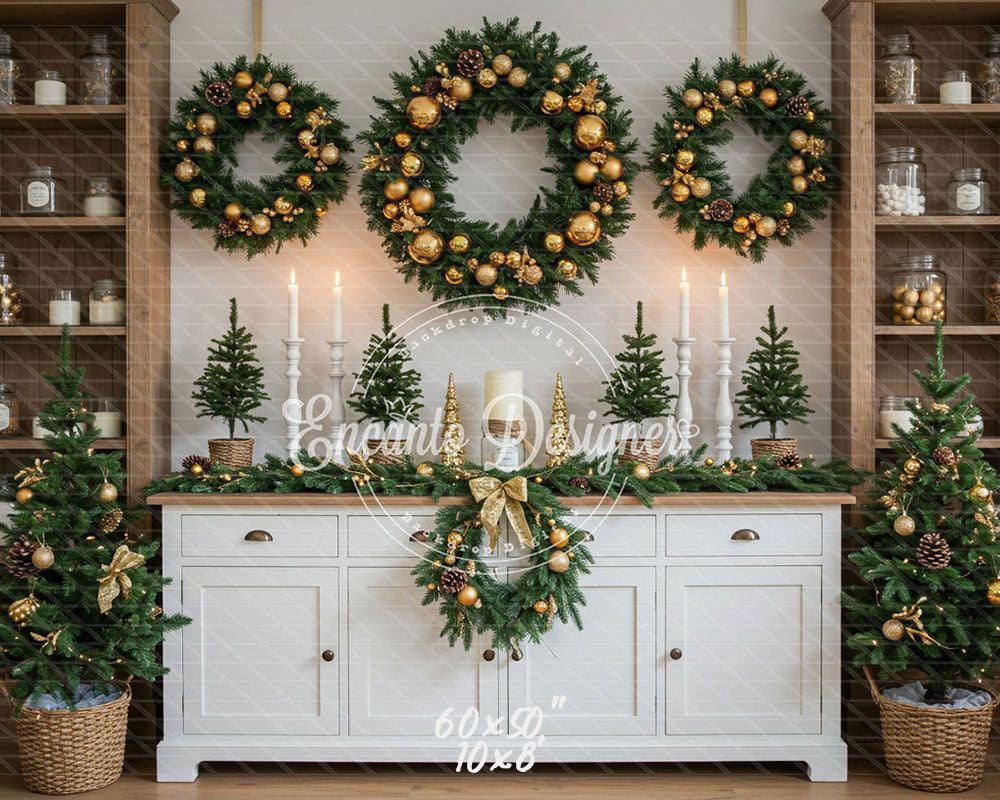 White Candlestick Wreath Christmas Backdrop - Layoris