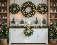White Candlestick Wreath Christmas Backdrop - Layoris