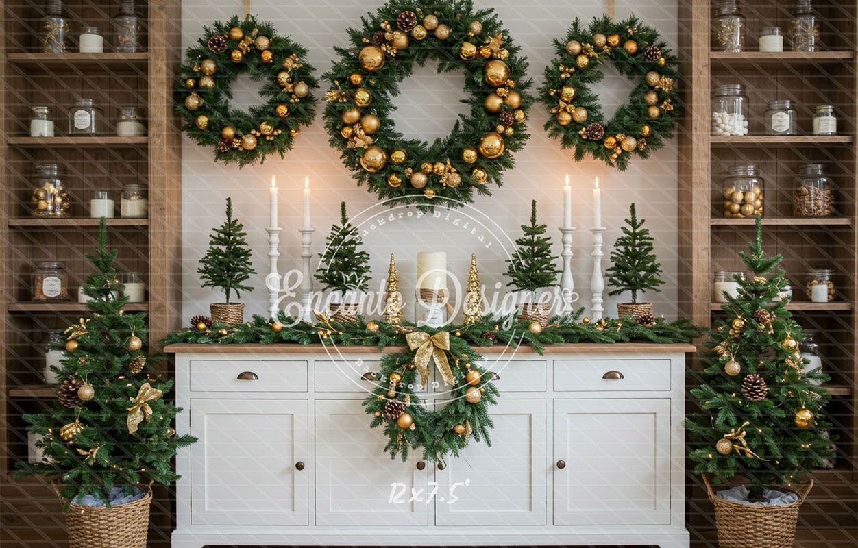 White Candlestick Wreath Christmas Backdrop - Layoris