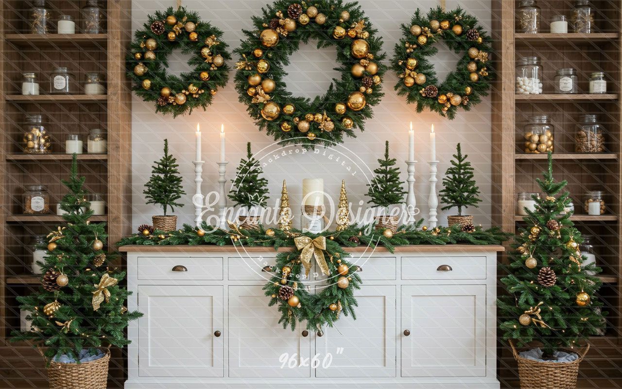 White Candlestick Wreath Christmas Backdrop - Layoris