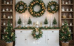 White Candlestick Wreath Christmas Backdrop - Layoris
