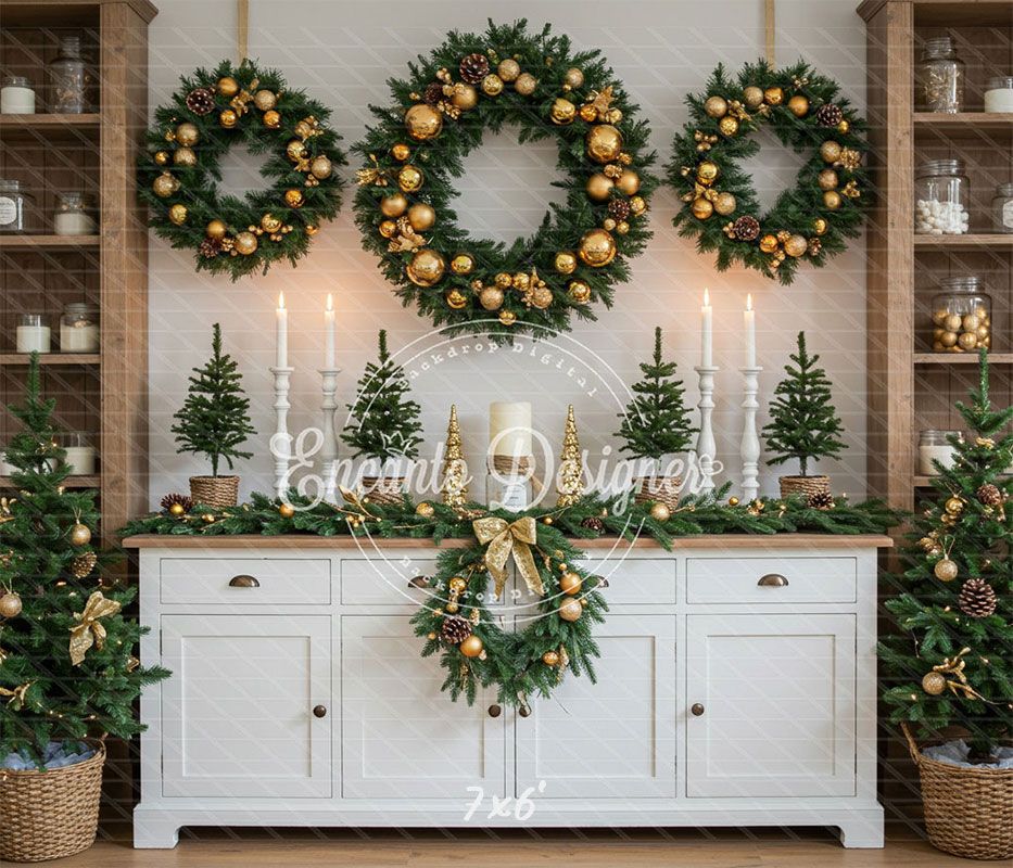 White Candlestick Wreath Christmas Backdrop - Layoris