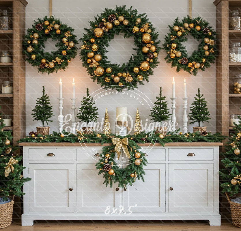 White Candlestick Wreath Christmas Backdrop - Layoris