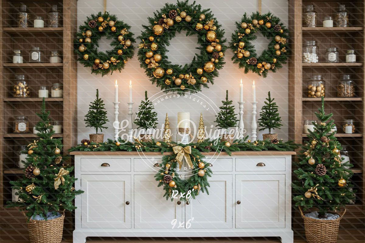 White Candlestick Wreath Christmas Backdrop - Layoris