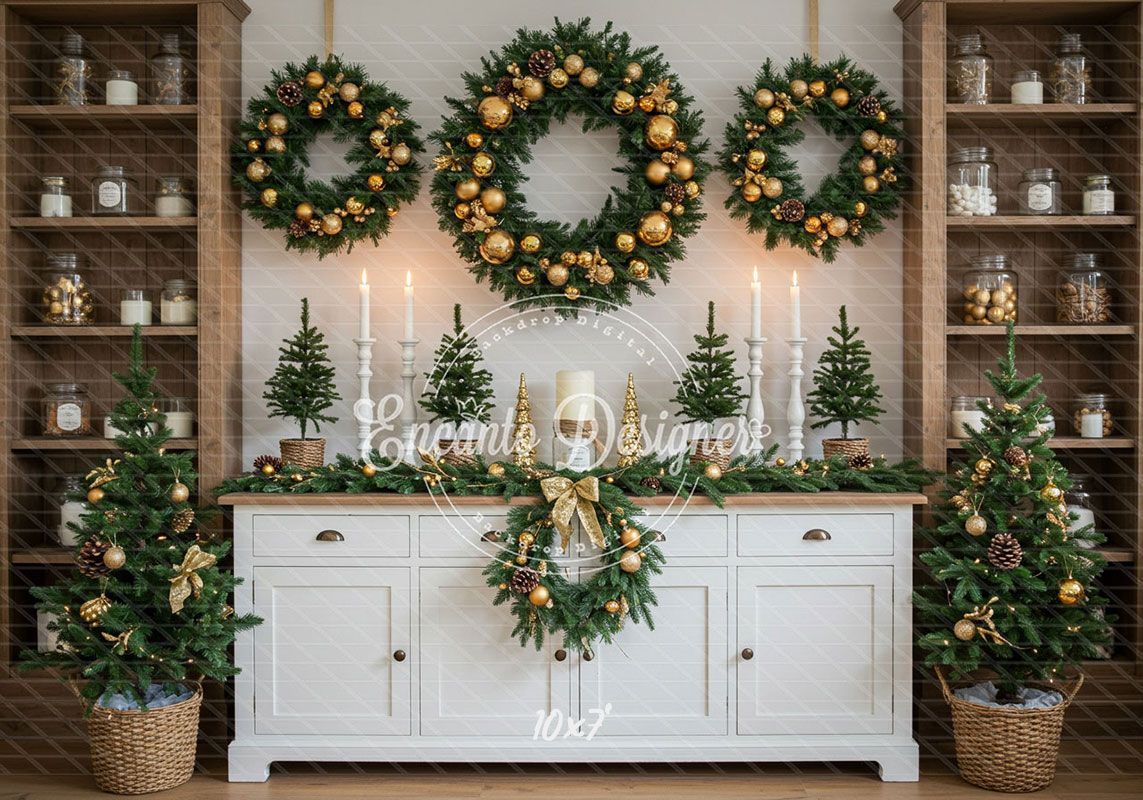 White Candlestick Wreath Christmas Backdrop - Layoris