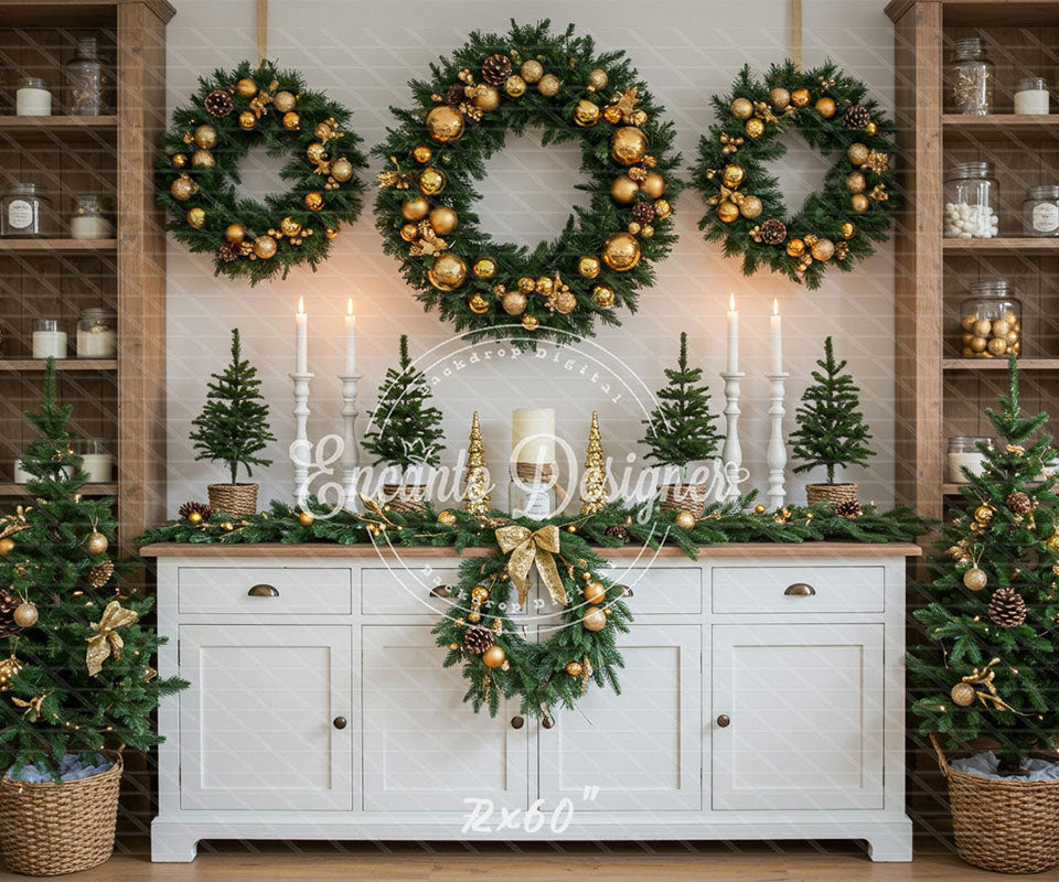 White Candlestick Wreath Christmas Backdrop - Layoris