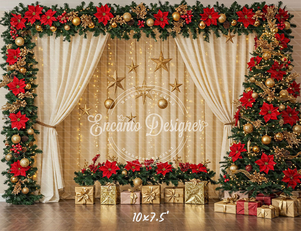 Poinsettia Wreath Beige Curtain Christmas Backdrop - Layoris