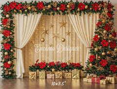 Poinsettia Wreath Beige Curtain Christmas Backdrop - Layoris