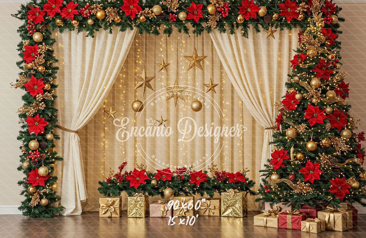 Poinsettia Wreath Beige Curtain Christmas Backdrop - Layoris