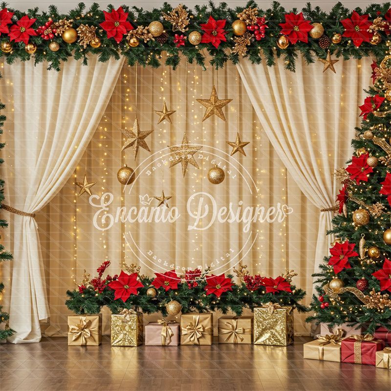 Poinsettia Wreath Beige Curtain Christmas Backdrop - Layoris