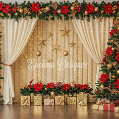 Poinsettia Wreath Beige Curtain Christmas Backdrop - Layoris