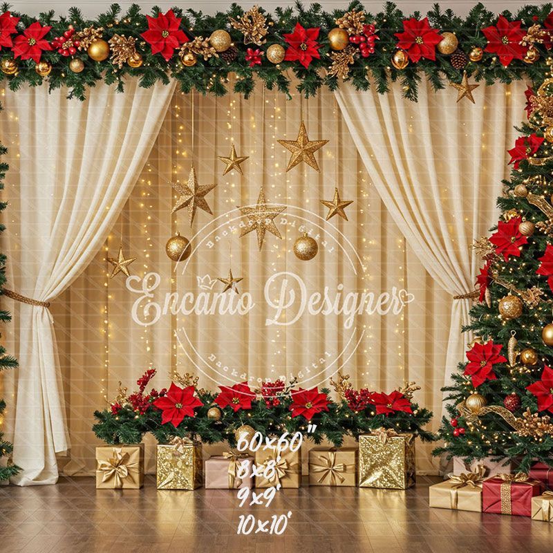 Poinsettia Wreath Beige Curtain Christmas Backdrop - Layoris