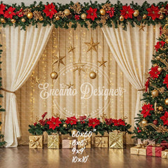 Poinsettia Wreath Beige Curtain Christmas Backdrop - Layoris