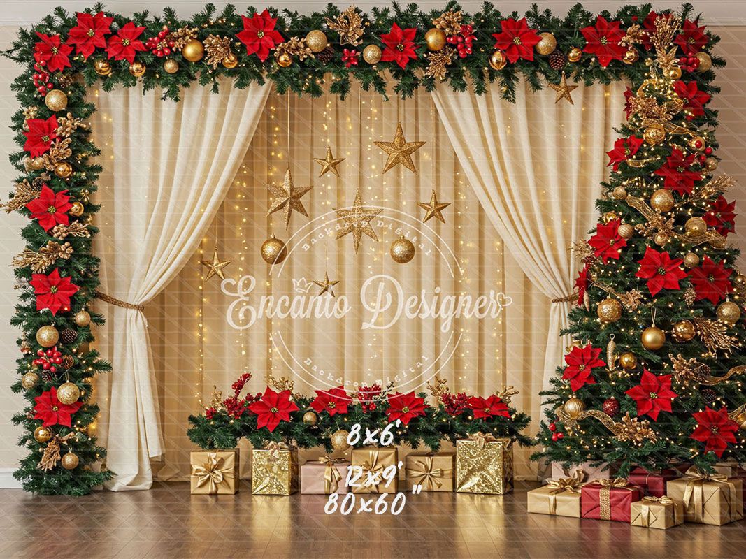 Poinsettia Wreath Beige Curtain Christmas Backdrop - Layoris
