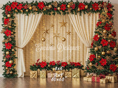 Poinsettia Wreath Beige Curtain Christmas Backdrop - Layoris