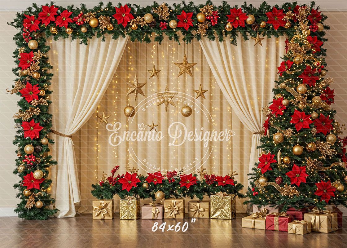 Poinsettia Wreath Beige Curtain Christmas Backdrop - Layoris