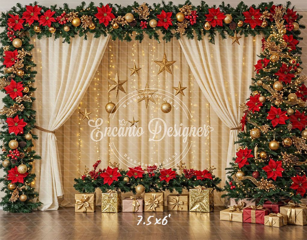 Poinsettia Wreath Beige Curtain Christmas Backdrop - Layoris