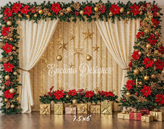 Poinsettia Wreath Beige Curtain Christmas Backdrop - Layoris