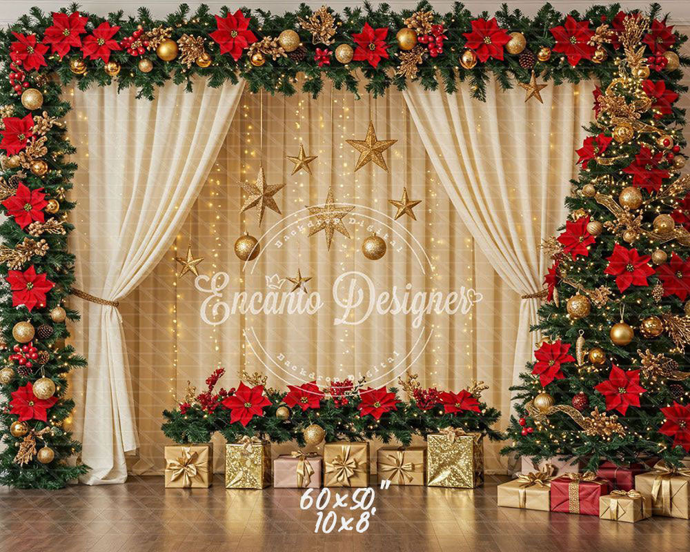 Poinsettia Wreath Beige Curtain Christmas Backdrop - Layoris